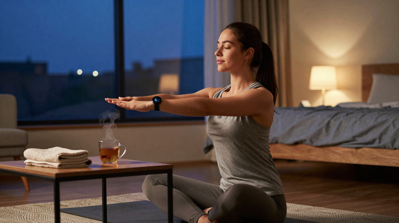 Mulher faz yoga em casa ao entardecer, sentada em tapete com braços esticados e olhos fechados.