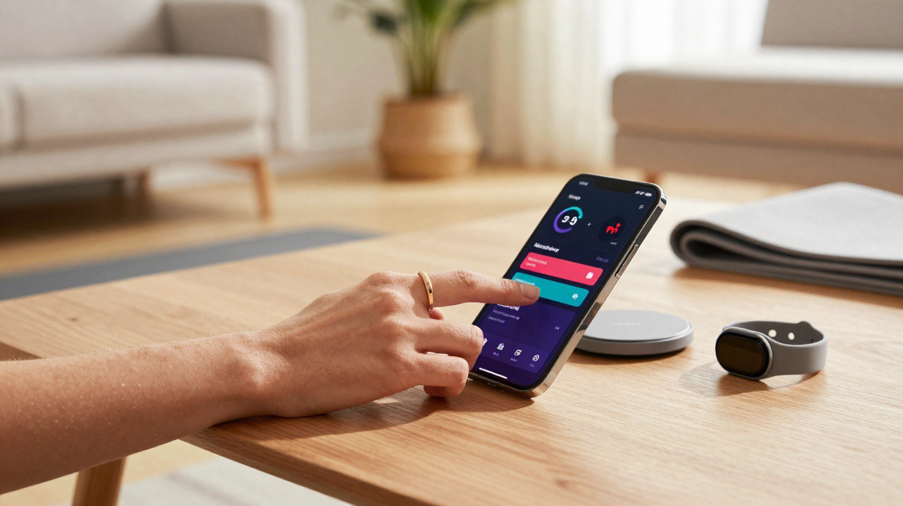 Mão a tocar no ecrã de smartphone com aplicação de monitorização de saúde aberta numa mesa de madeira.