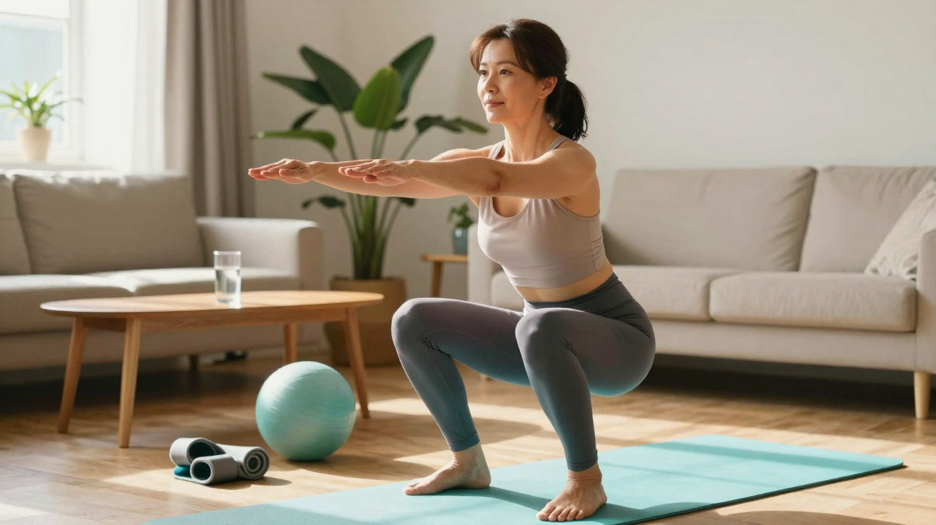 Mulher a fazer agachamento numa sala de estar moderna, com tapete de yoga e acessórios de treino ao lado.