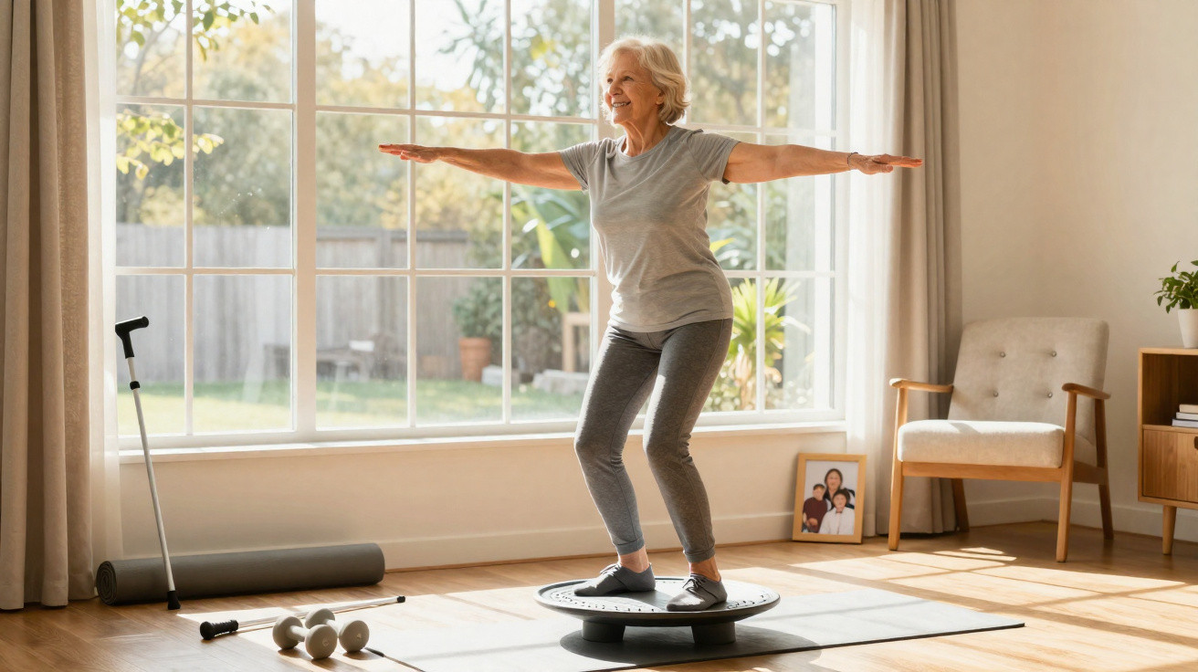 Mulher idosa a equilibrar-se numa prancha oscilante numa sala clara com janela grande e objetos de ginásio.
