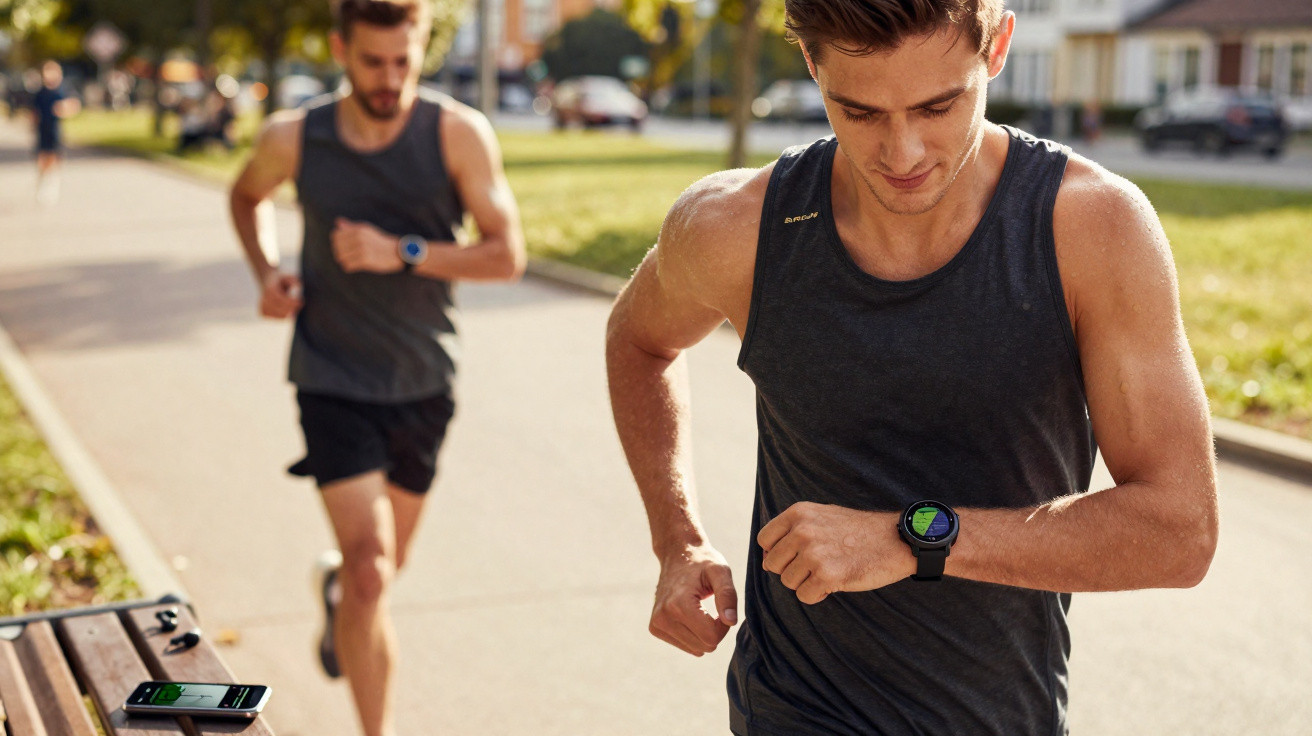 Dois homens a correr num parque, um deles a olhar para um relógio inteligente no pulso.
