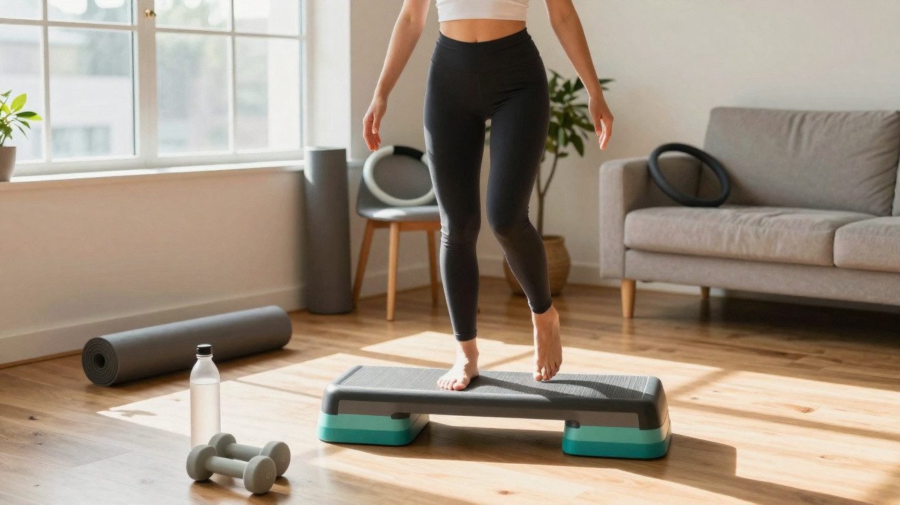 Pessoa a fazer exercício em casa com step, halteres e garrafa de água perto da janela.