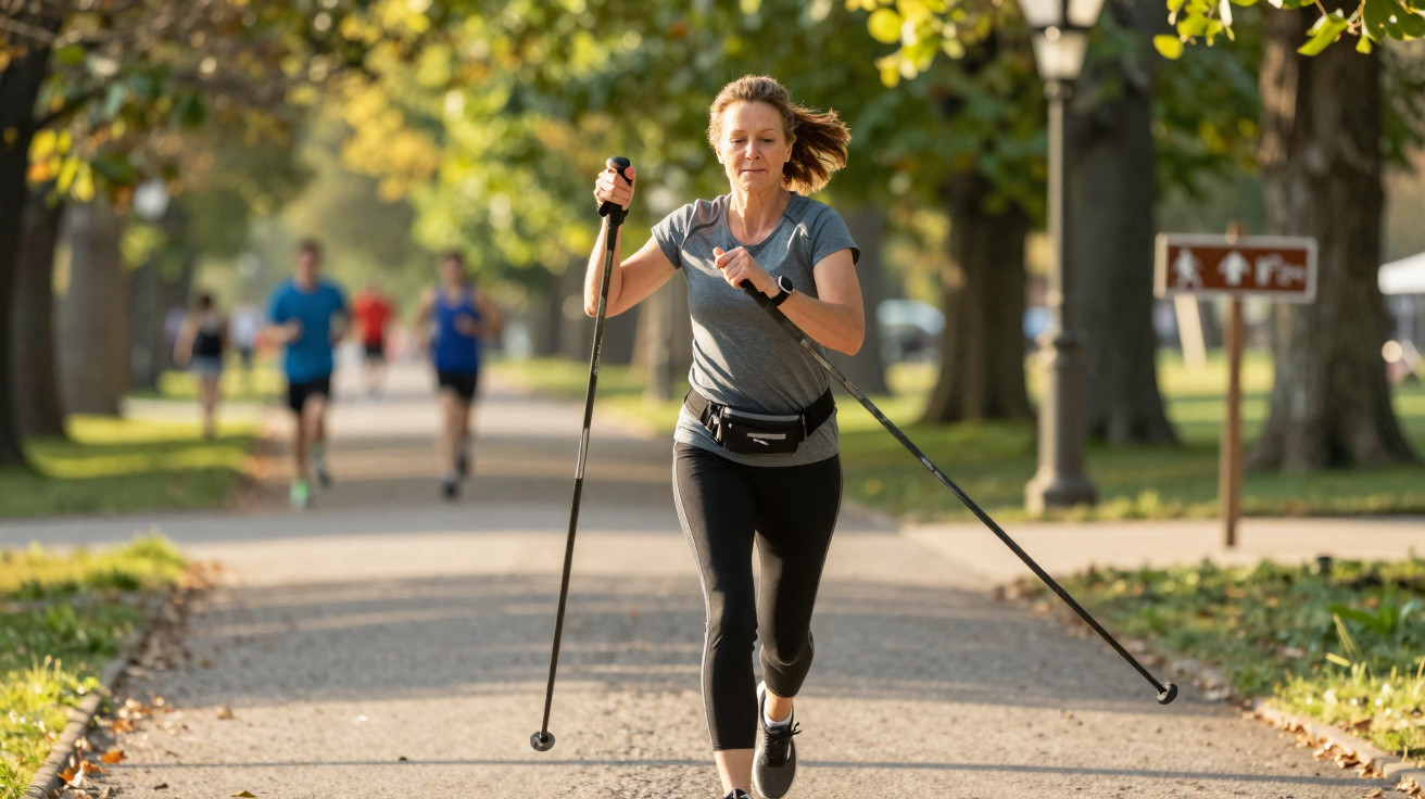Mulher a praticar caminhada nórdica num parque com outras pessoas a correr ao fundo em dia soalheiro.