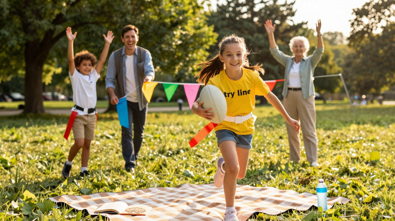 Criança a correr com bola de rugby num parque, com familia a torcer ao fundo perto da linha de chegada.
