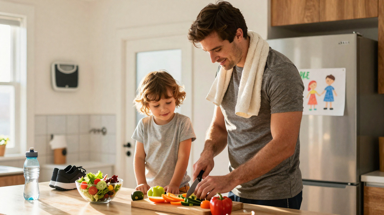 Homem e criança pré-preparam legumes numa cozinha moderna e iluminada.