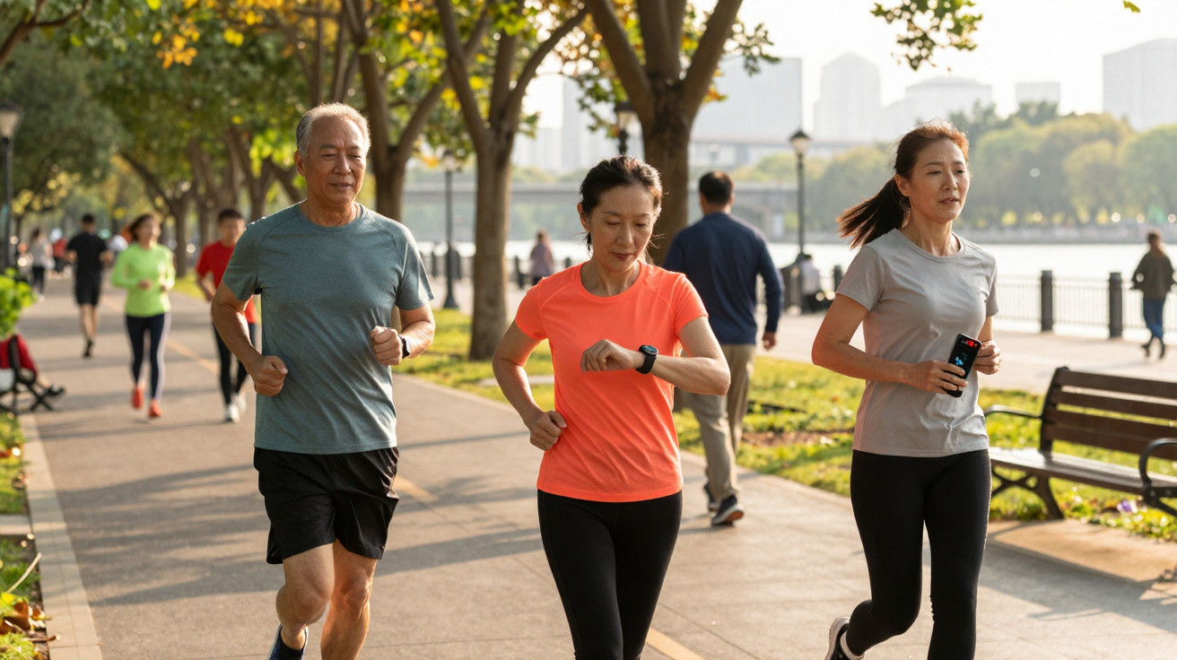 Três pessoas a correr num parque urbano com árvores e banco perto de um rio em dia soalheiro.