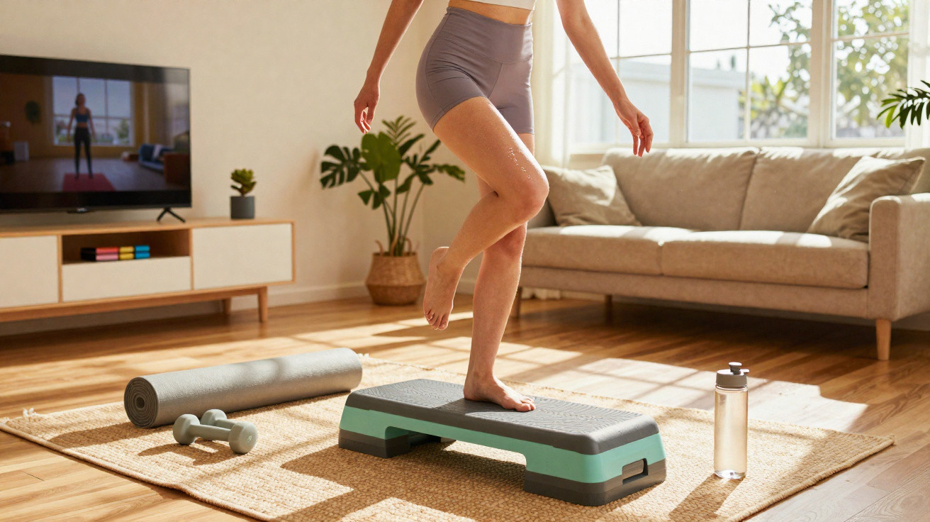 Pessoa a fazer exercício em casa num tapete, em frente a televisão, usando plataforma de step e pesos.
