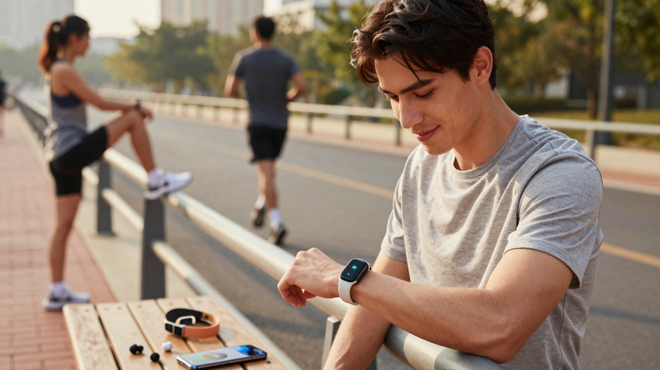 Jovem sentado num banco ao ar livre a olhar para um relógio inteligente durante exercício físico.