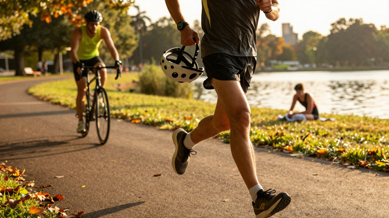 Homem a correr com capacete na mão junto a ciclista e pessoa sentada à beira de um lago em parque ensolarado.