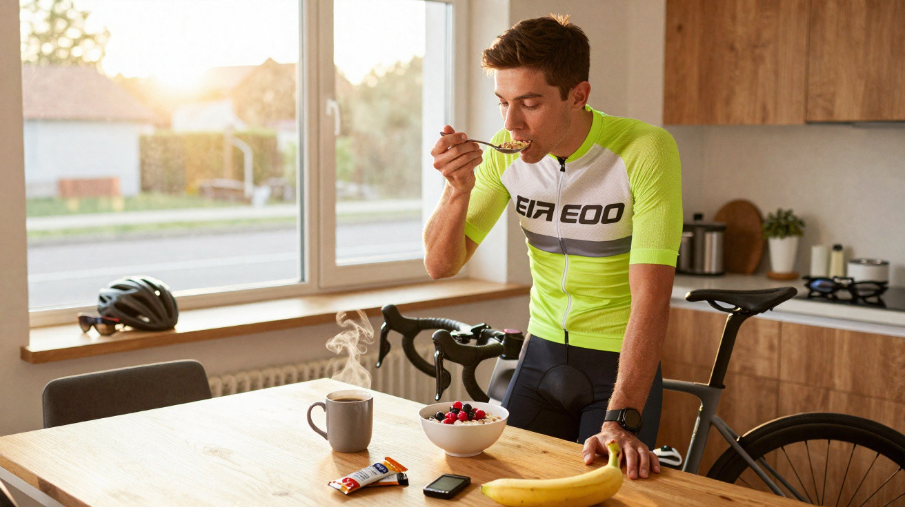 Homem vestido de ciclismo a comer cereais numa cozinha com bicicleta ao lado e fruta na mesa.