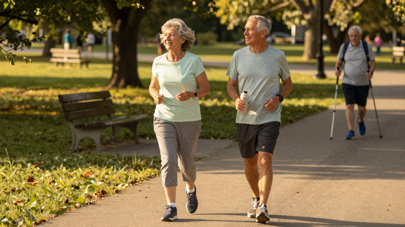 Casal sénior a correr e caminhar no parque durante um dia ensolarado, com outra pessoa ao fundo.