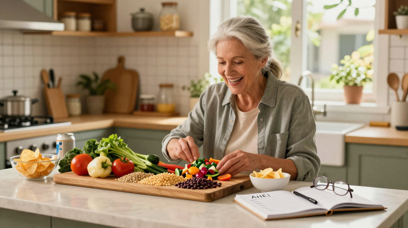 Mulher sénior a preparar legumes e leguminosas numa cozinha moderna, com livro e óculos na bancada.