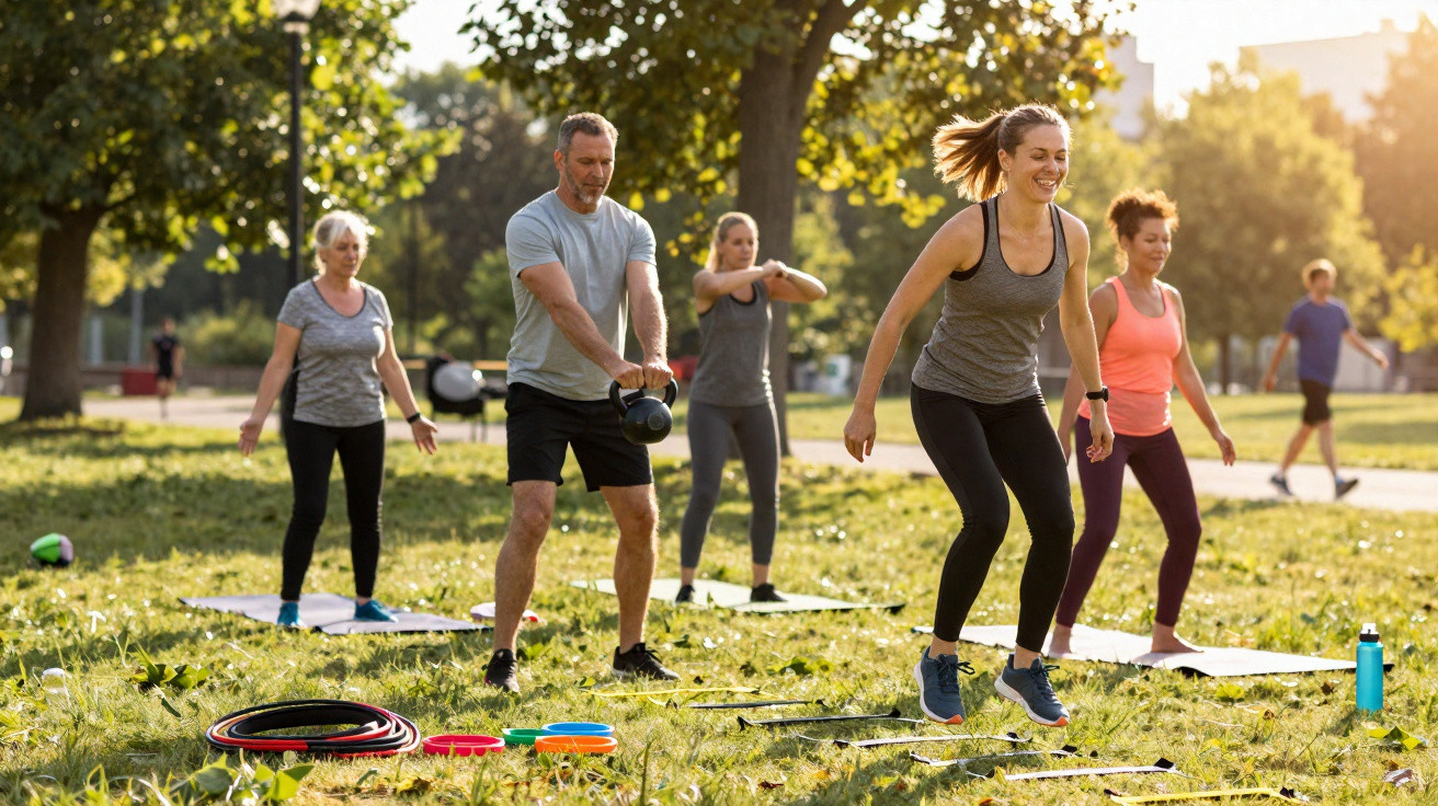 Grupo de pessoas a fazer exercício ao ar livre num parque numa manhã de sol.