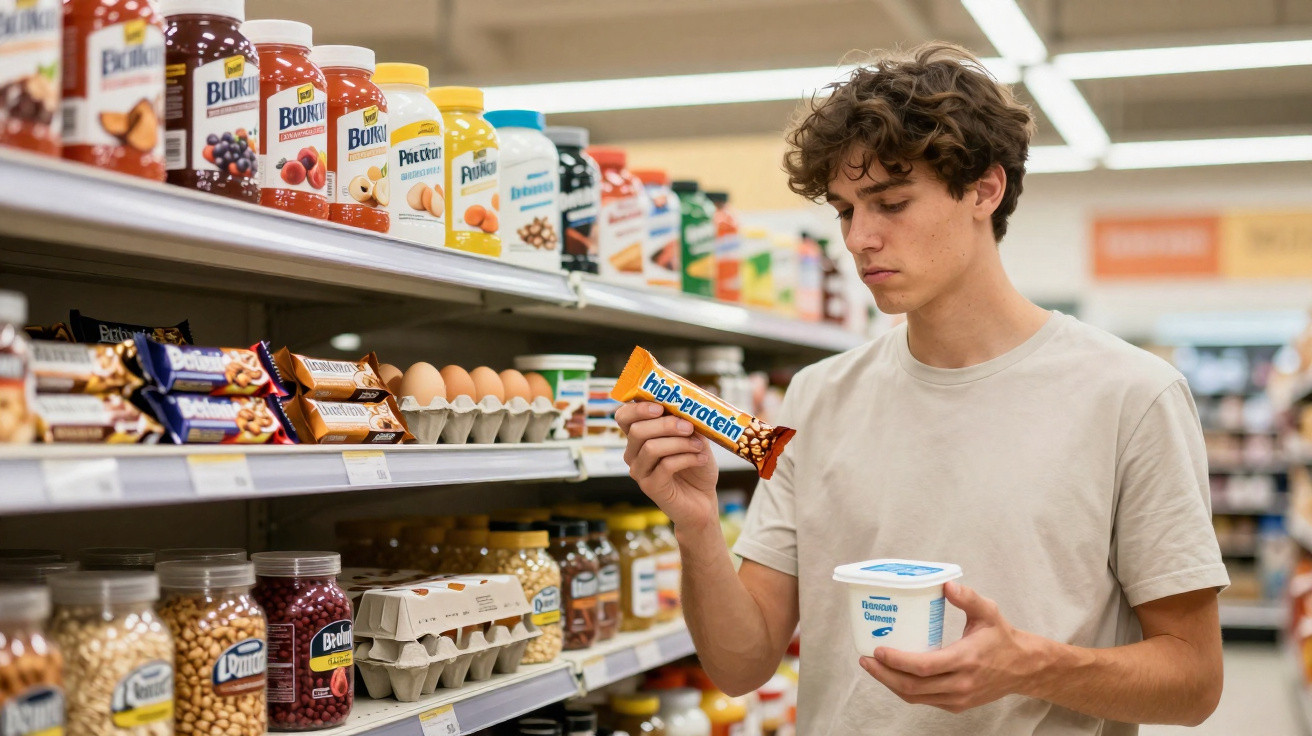 Jovem a analisar barra de proteína numa prateleira de supermercado, segurando também um iogurte.