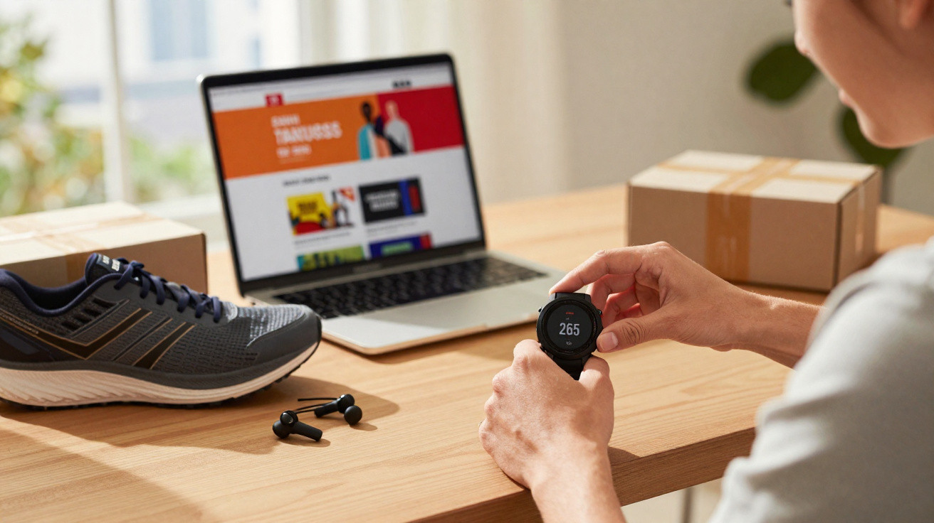 Pessoa a usar relógio desportivo com ténis, auriculares e portátil numa mesa de madeira.
