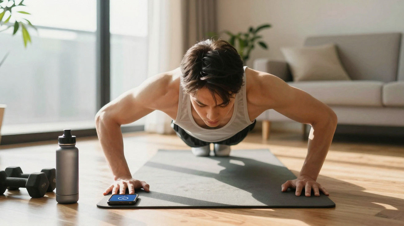 Homem jovem a fazer flexões em tapete de exercícios em sala de estar com garrafa, pesos e telemóvel.