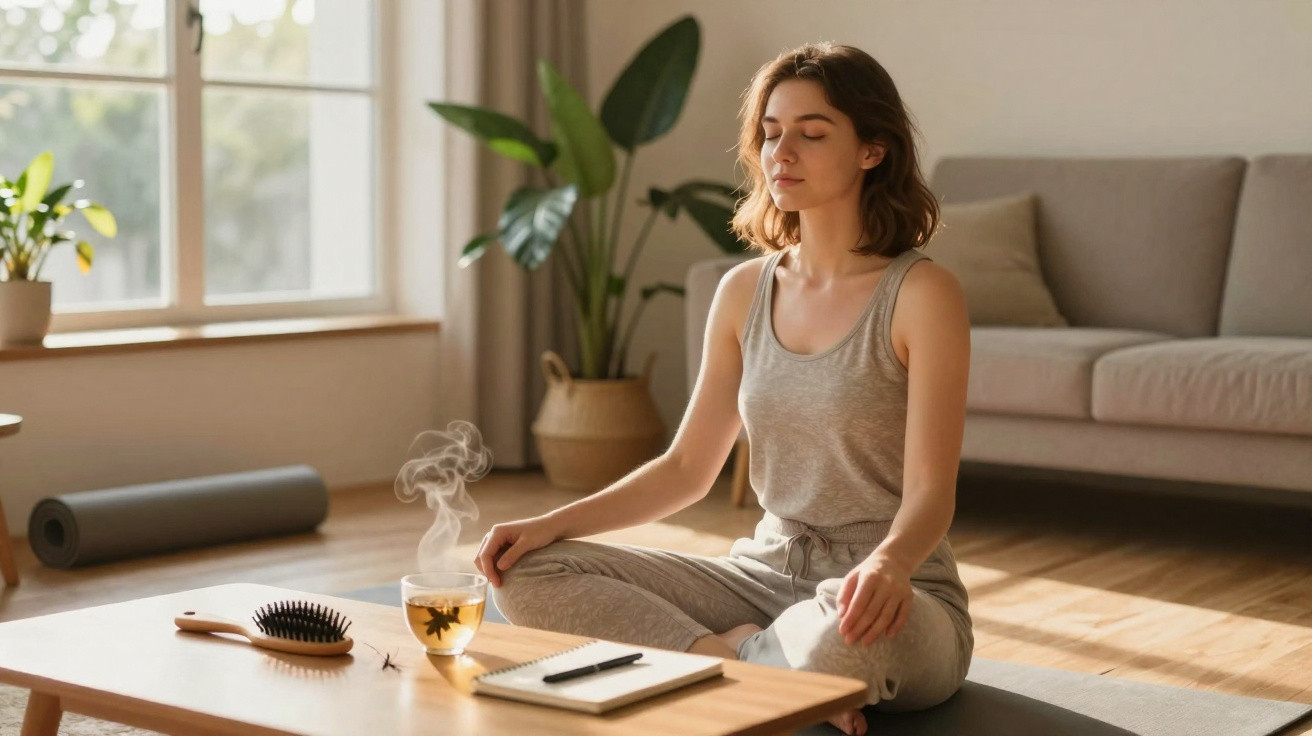 Mulher sentada em posição de meditação numa sala iluminada, com chá quente numa mesa à frente.
