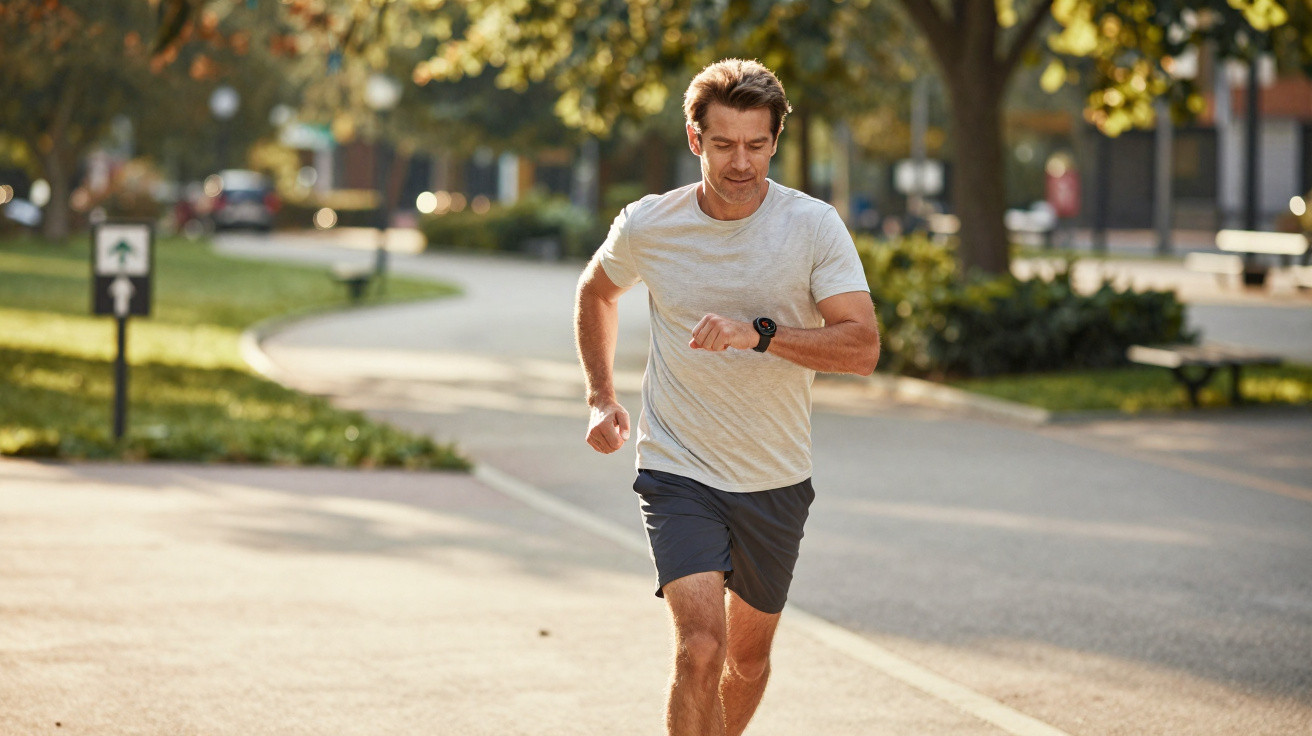 Homem a correr num parque urbano ao ar livre com roupa desportiva e relógio no pulso.
