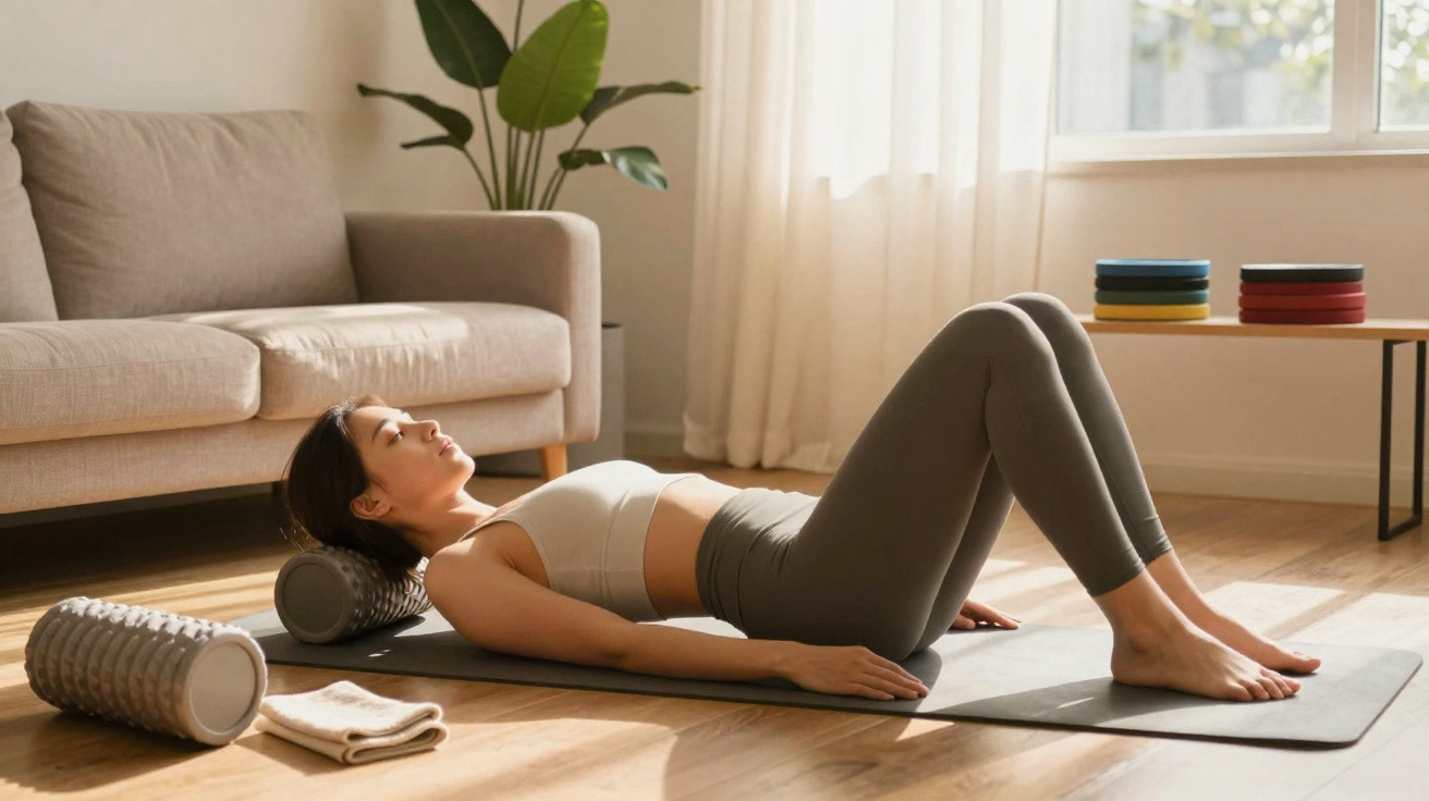 Mulher a fazer exercício de relaxamento com rolos de espuma no chão, numa sala iluminada e confortável.