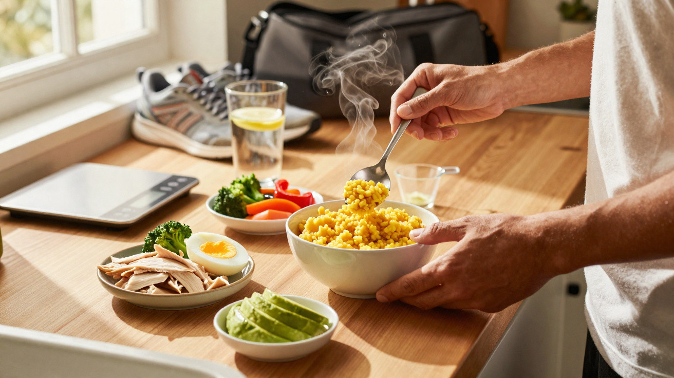 Pessoa a servir cuscuz quente com tigelas de abacate, ovo, frango e legumes numa bancada de cozinha.