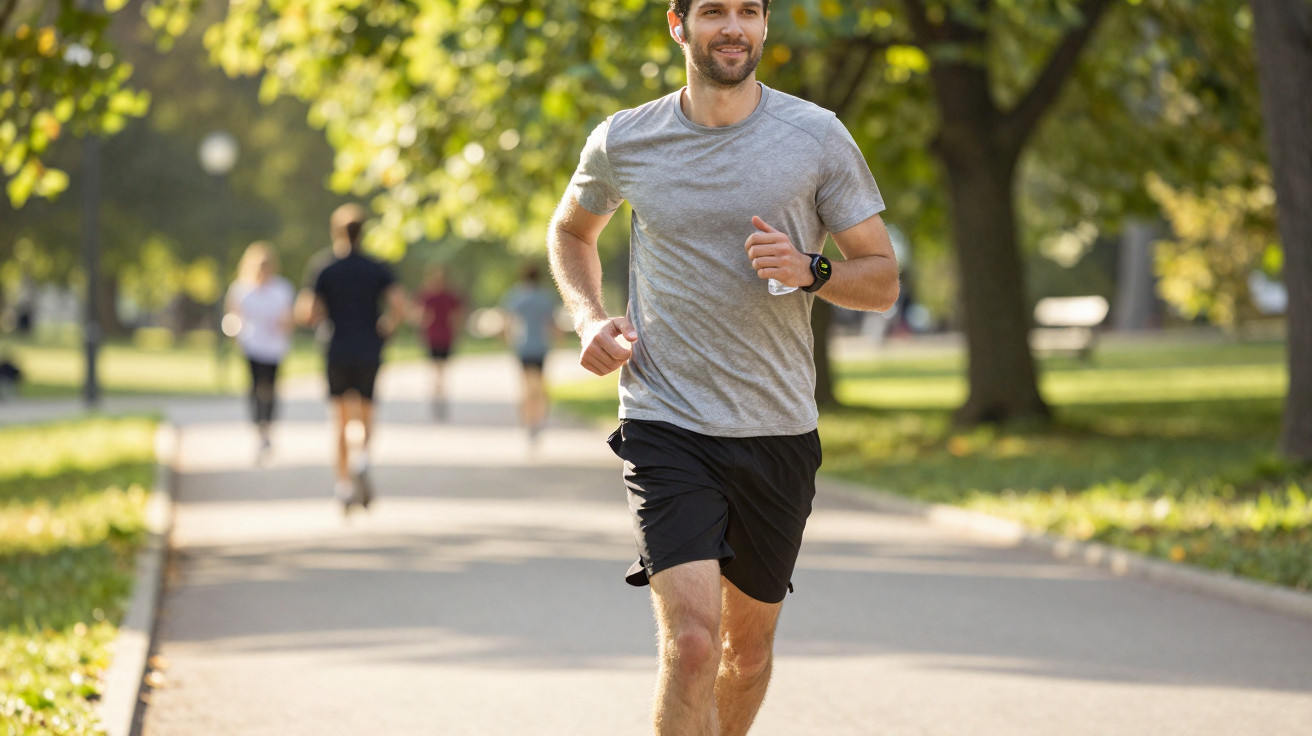 Homem a correr num parque com roupa desportiva e árvores ao fundo em dia soalheiro.
