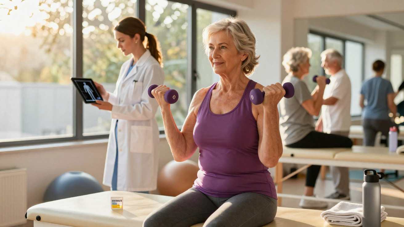 Mulher idosa a fazer exercícios com pesos numa clínica de fisioterapia com profissional a analisar raio-x.