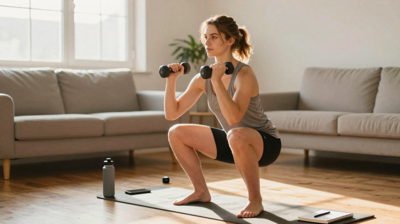 Mulher a fazer agachamentos com halteres na sala de estar, rodeada por sofá e acessórios de treino.