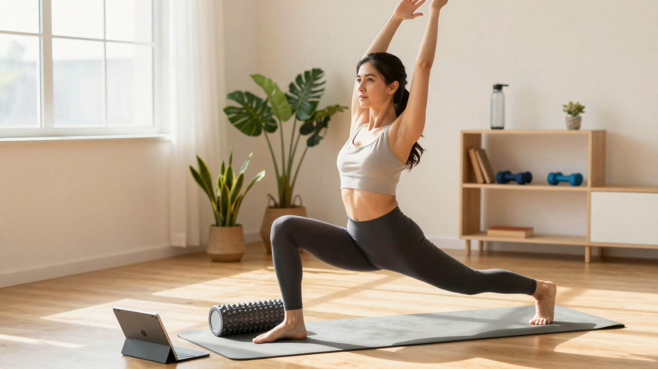 Mulher a fazer yoga numa sala luminosa, com tapete, rolo de massagem e tablet à sua frente.