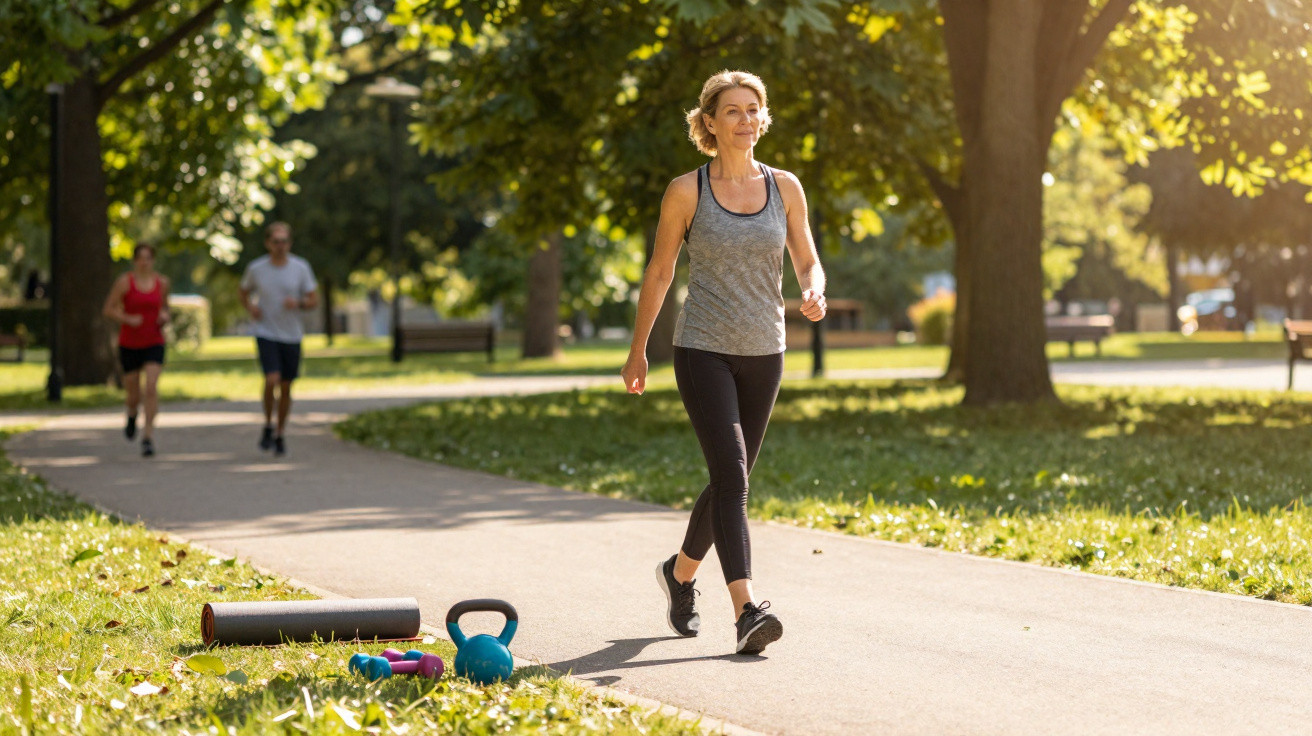 Mulher a caminhar num parque ensolarado com equipamentos de exercício no chão, pessoas a correr ao fundo.