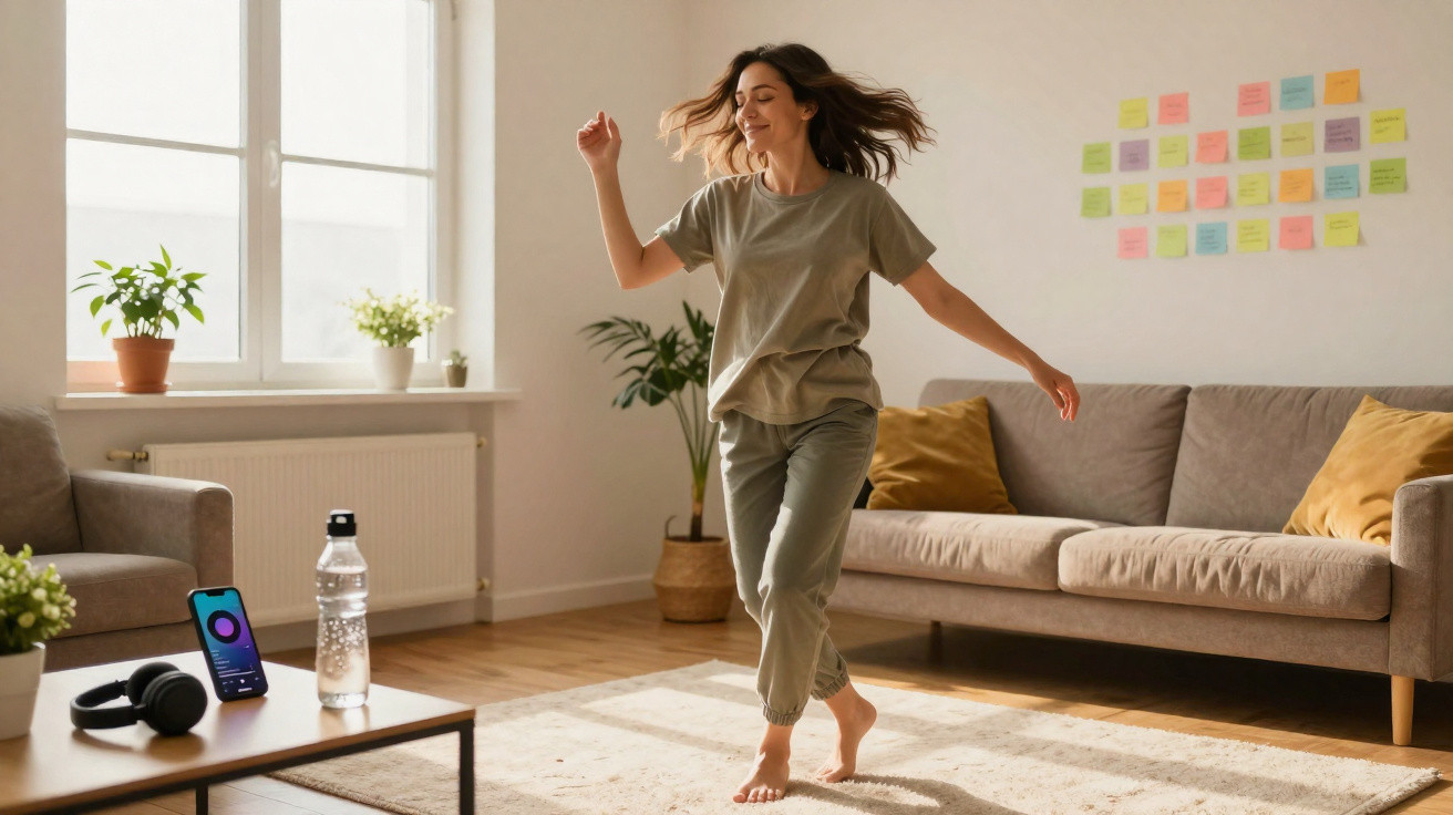 Mulher dança alegremente descalça na sala de estar, com música no telemóvel e luz natural a entrar pela janela.