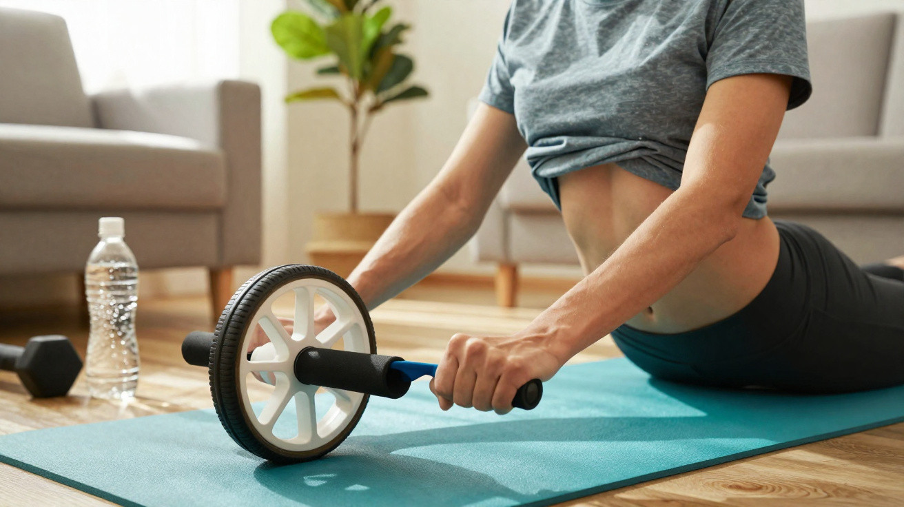 Pessoa a fazer exercício em casa com roda de abdominais numa esteira azul.