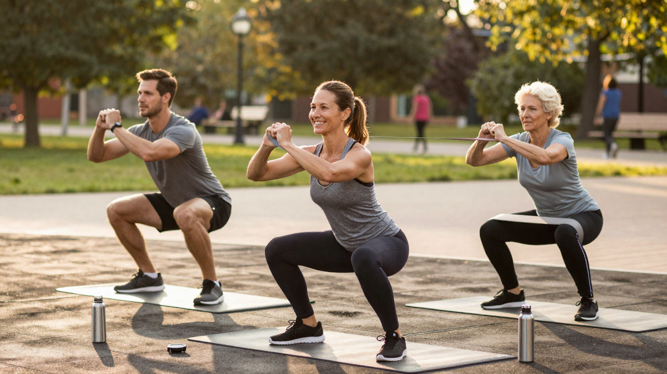 Três pessoas fazem exercícios de agachamento ao ar livre, em tapetes de treino, num parque ensolarado.
