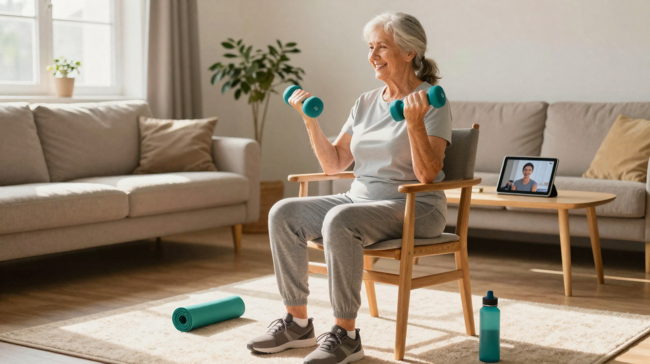 Idosa a fazer exercício com halteres em casa, sentada numa cadeira, com treino online num tablet.