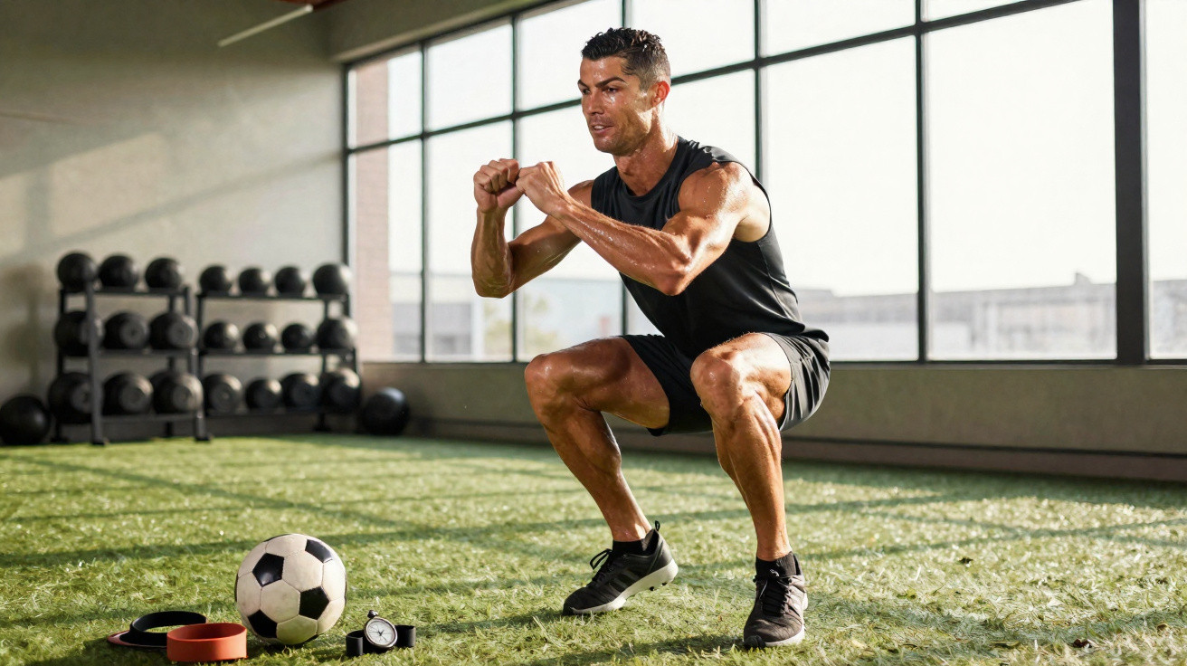 Homem musculado a fazer agachamento numa sala de treino com bola de futebol e pesos ao fundo.