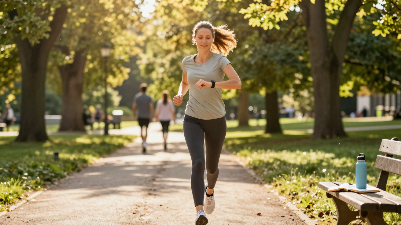Mulher jovem a correr num parque ensolarado com árvores e pessoas ao fundo.