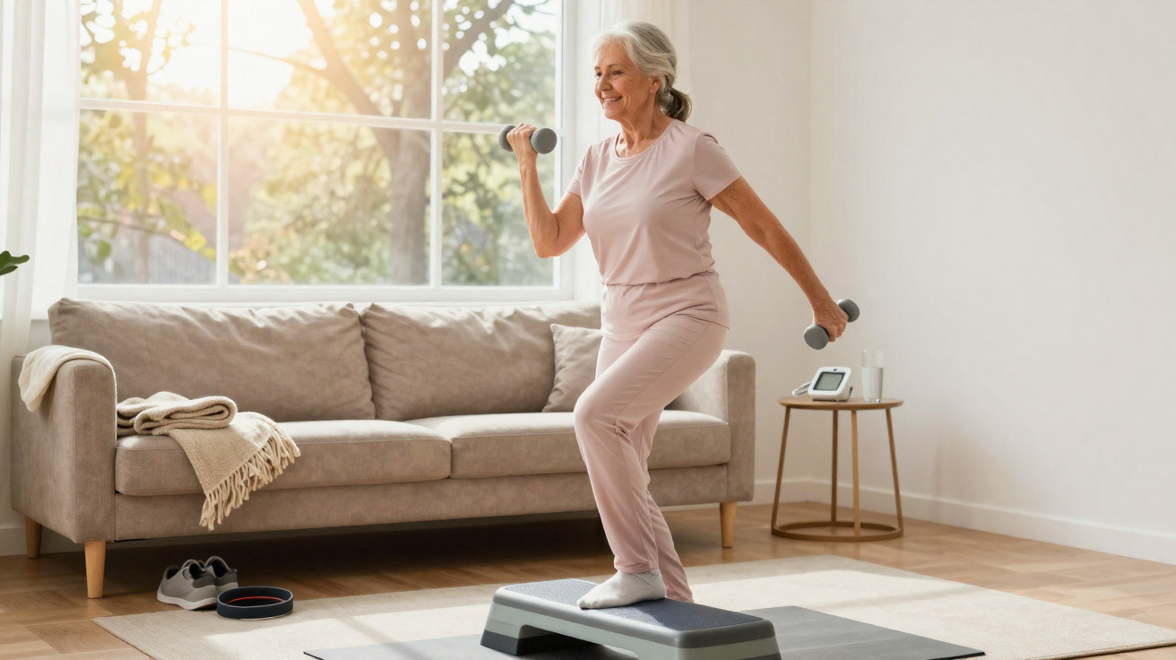 Mulher sénior a fazer exercícios com halteres e step em sala iluminada, junto a sofá e janela grande.