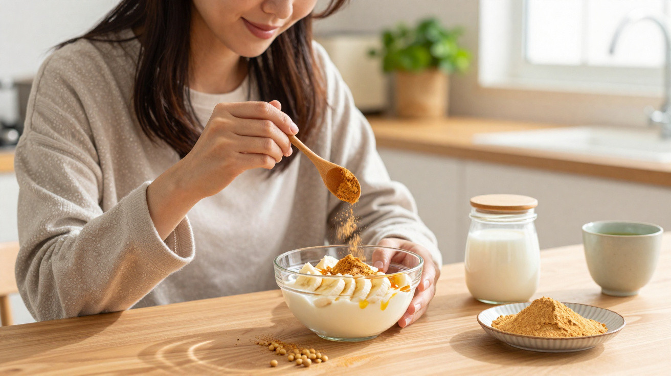 Mulher a adicionar especiaria em iogurte com banana numa tigela numa cozinha moderna.