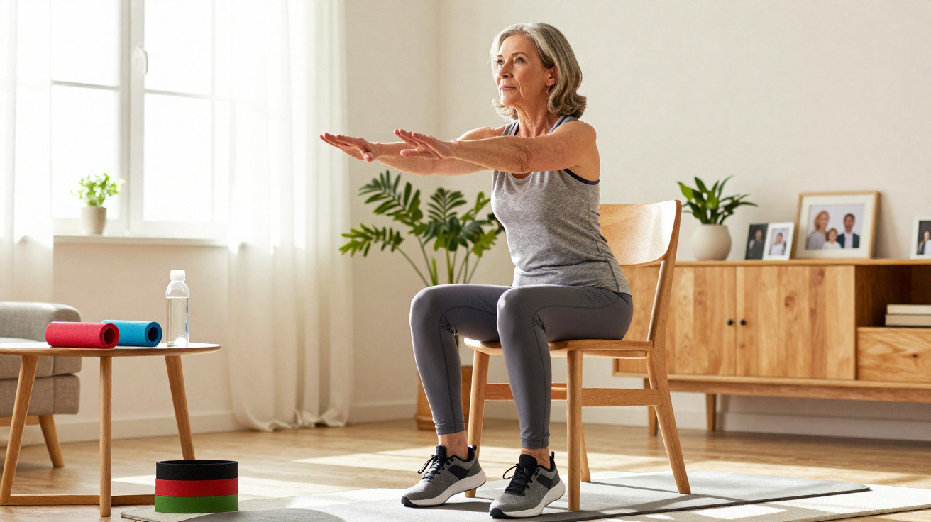 Mulher idosa a fazer exercício sentado numa cadeira numa sala clara e acolhedora com plantas e fotos pessoais.