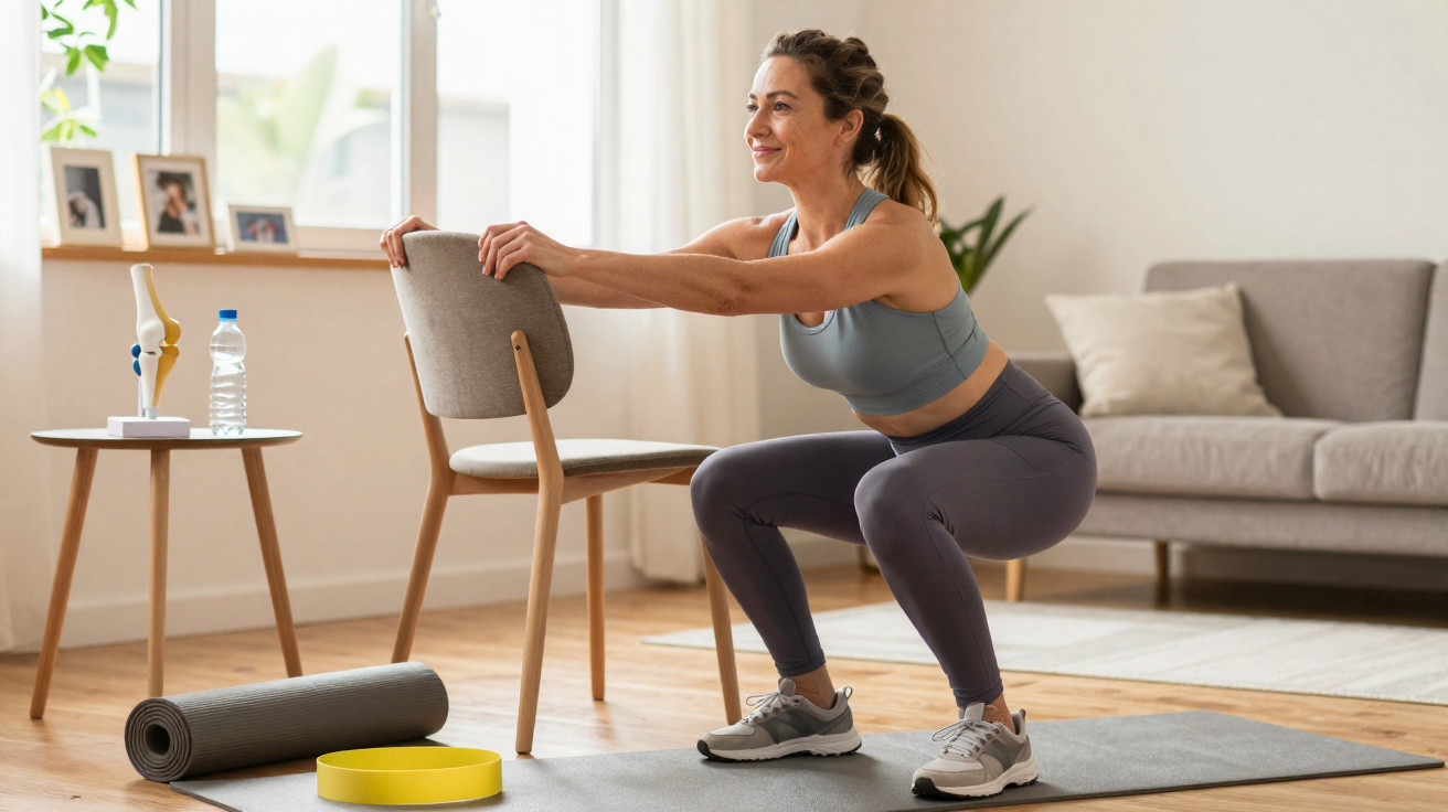 Mulher a fazer agachamentos com cadeira numa sala iluminada com tapete e acessórios de exercício.
