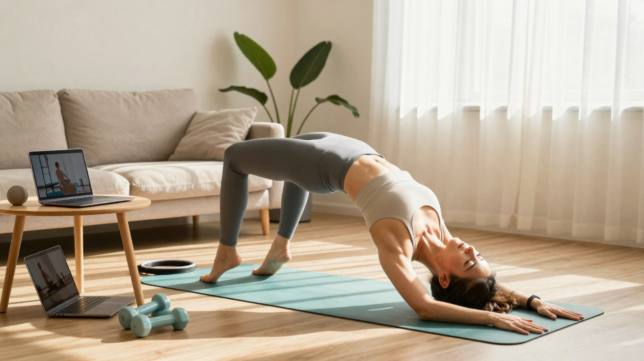 Mulher a fazer exercício de ponte no tapete numa sala com luz natural, ao lado de pesos e dois portáteis.