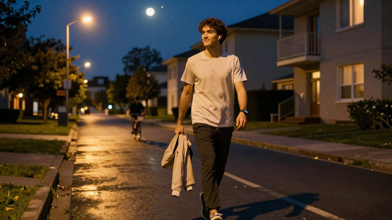 Jovem a caminhar numa rua residencial à noite, com lua visível e luzes acesas nas casas.
