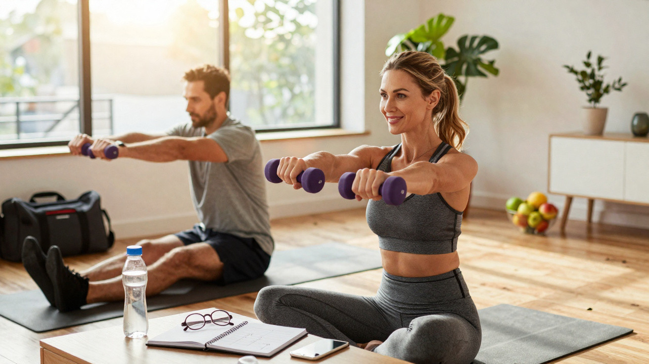 Casal a fazer exercício com halteres sentados em tapetes numa sala iluminada e organizada.