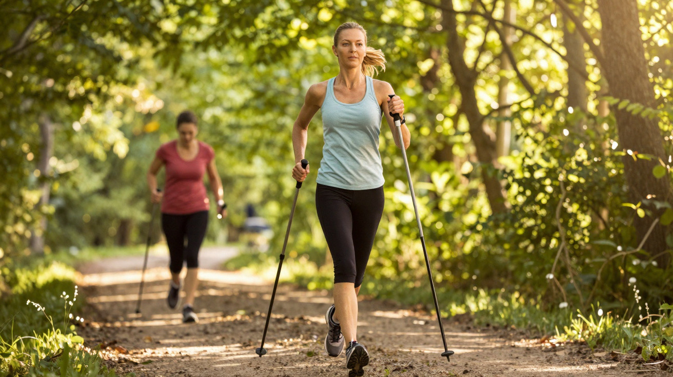 Duas mulheres a praticar caminhada nórdica numa trilha rodeada por árvores e luz solar suave.