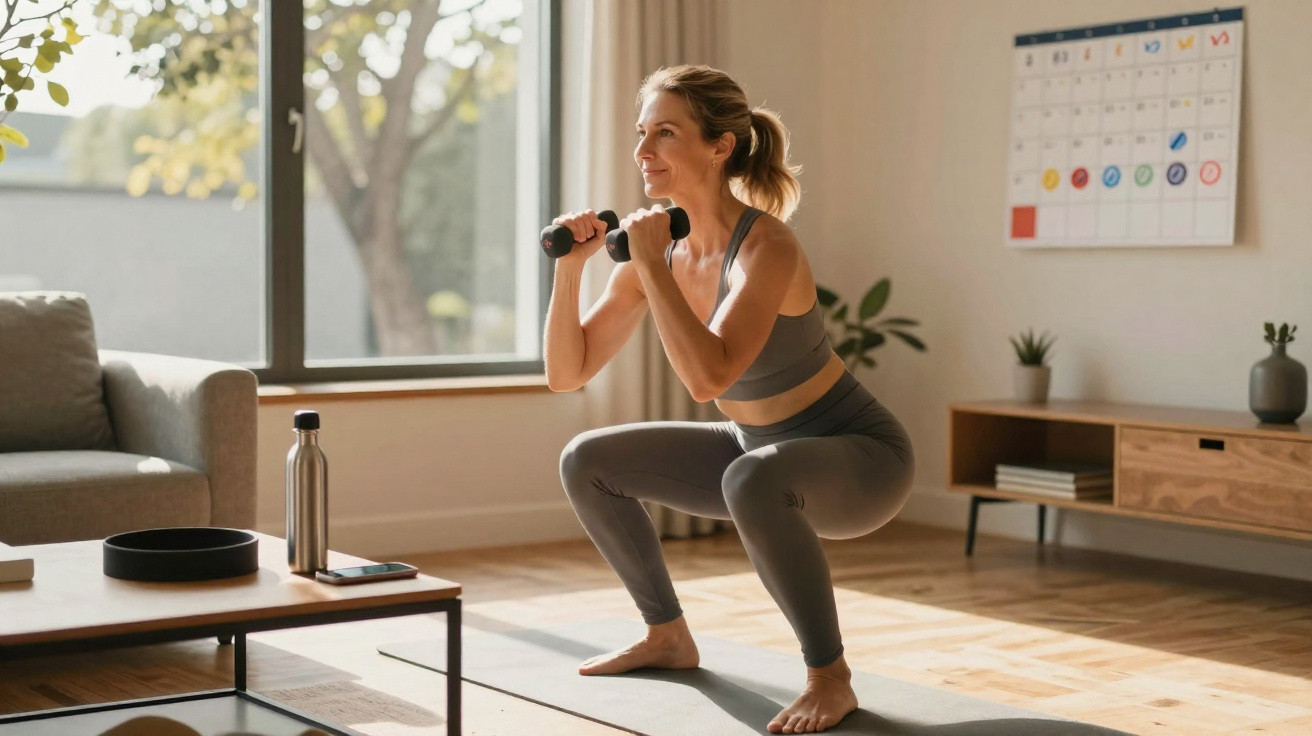 Mulher a fazer agachamentos com halteres numa sala iluminada e arejada, com tapete de exercício.