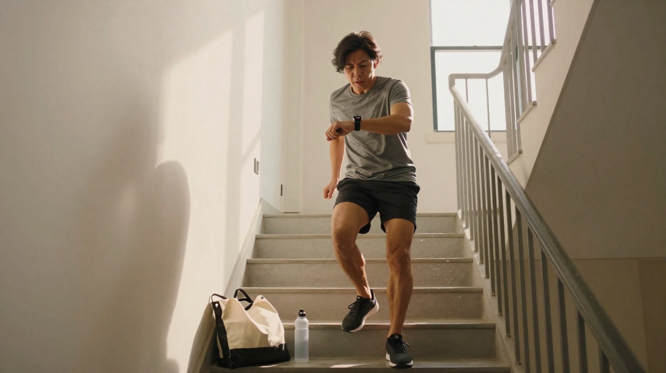 Homem a correr escadas interiores com roupa desportiva, mochila e garrafa ao lado.