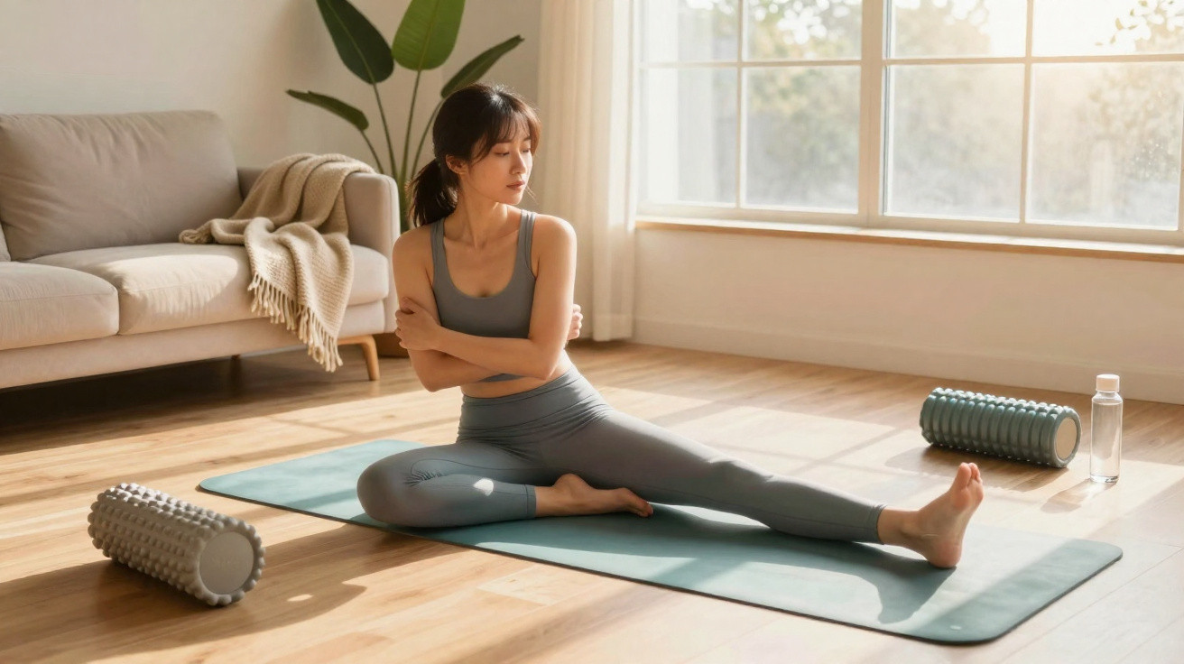 Mulher a fazer alongamentos num tapete de yoga em sala iluminada com rolos de espuma no chão.