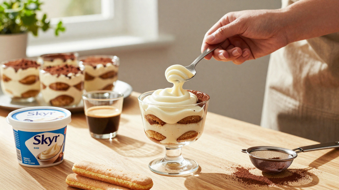 Taça de sobremesa com creme e bolacha, colher a servir, iogurte Skyr, café e bolachas na mesa de madeira.