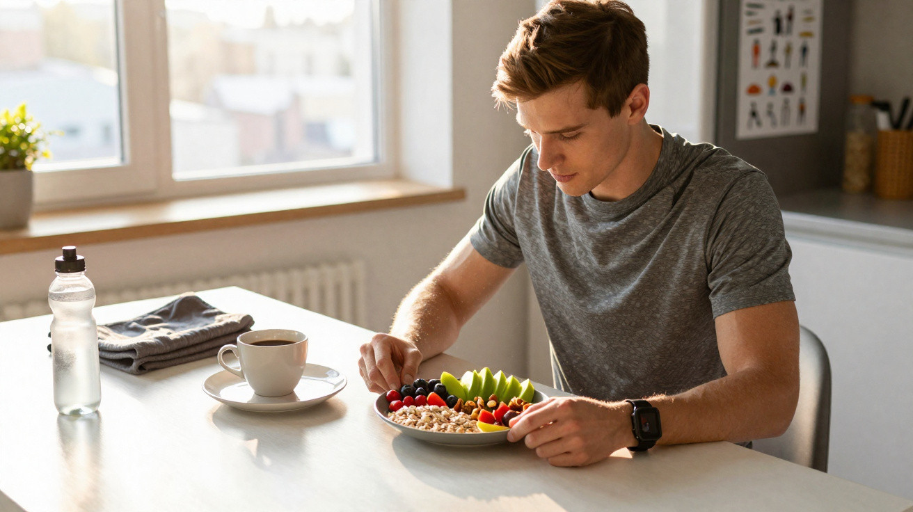 Homem jovem sentado a comer um prato de fruta e cereais numa cozinha iluminada pela luz natural.