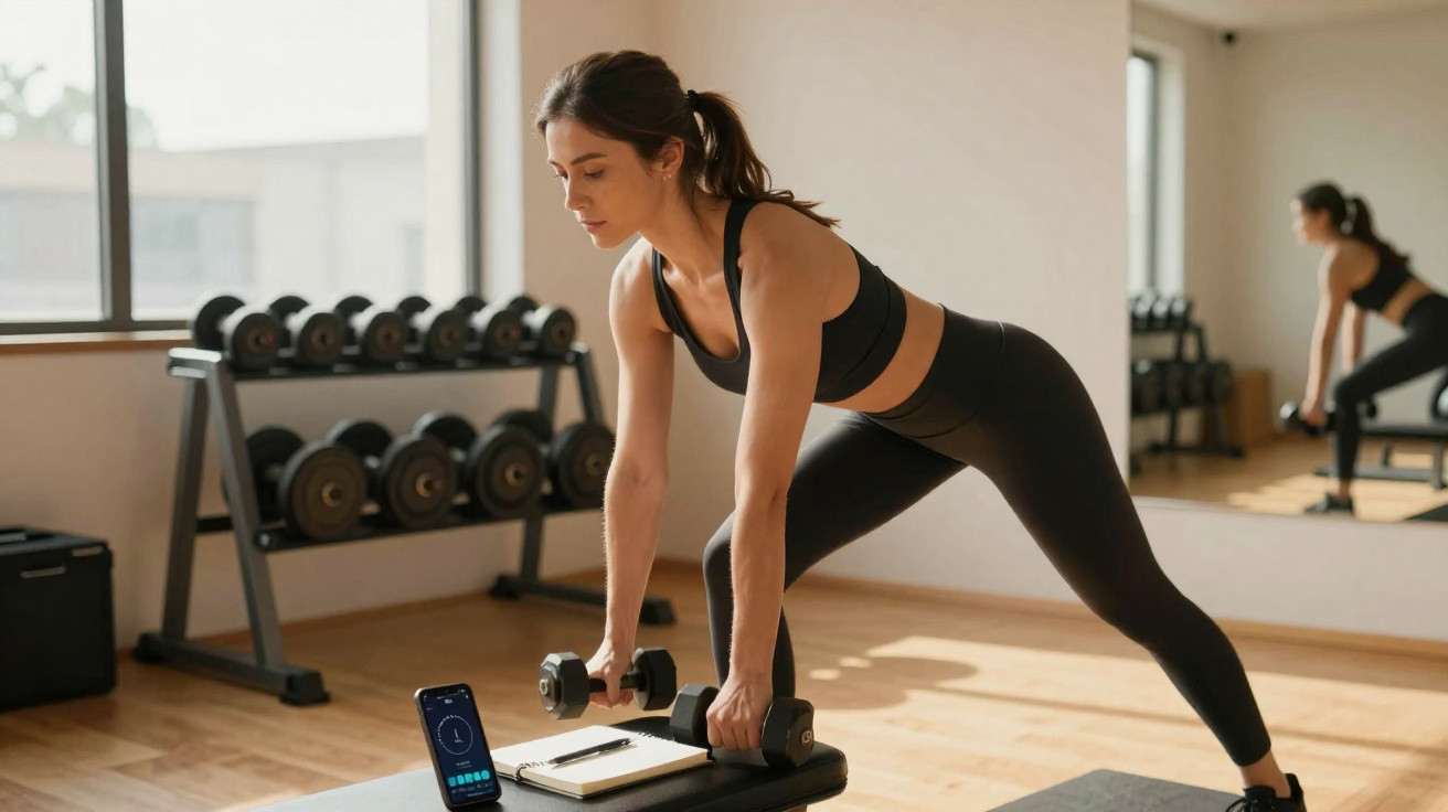 Mulher a fazer exercício com halteres num ginásio com espelho e pesos ao fundo.
