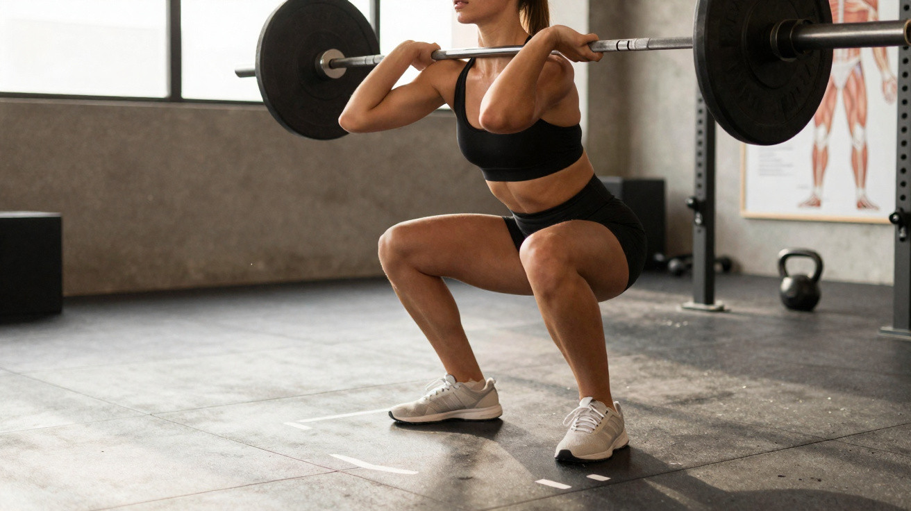 Mulher a fazer agachamento com barra num ginásio, vestida com roupa desportiva preta e ténis brancos.